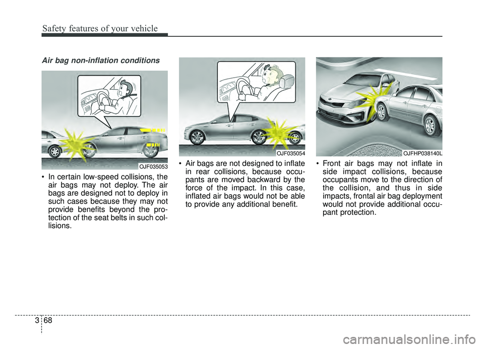 KIA OPTIMA HYBRID 2020  Owners Manual Safety features of your vehicle
68
3
Air bag non-inflation conditions
 In certain low-speed collisions, the
air bags may not deploy. The air
bags are designed not to deploy in
such cases because they 