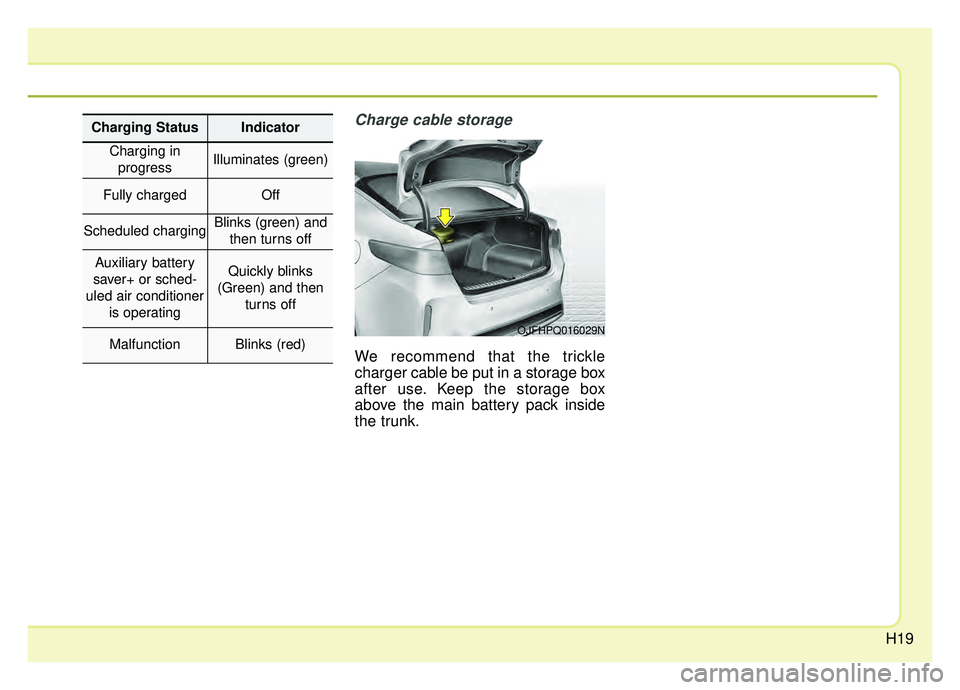 KIA OPTIMA HYBRID 2020  Owners Manual H19
Charge cable storage
We recommend that the trickle
charger cable be put in a storage box
after use. Keep the storage box
above the main battery pack inside
the trunk.
OJFHPQ016029N
Charging Status