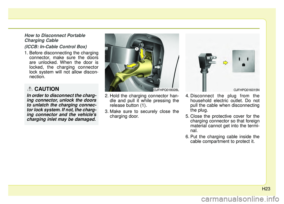 KIA OPTIMA HYBRID 2020  Owners Manual H23
How to Disconnect PortableCharging Cable
(ICCB: In-Cable Control Box)
1. Before disconnecting the charging connector, make sure the doors
are unlocked. When the door is
locked, the charging connec