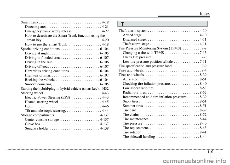 KIA OPTIMA HYBRID 2019  Owners Manual I9
Index
Smart trunk . . . . . . . . . . . . . . . . . . . . . . . . . . . . . . . . . . 4-18\
Detecting area. . . . . . . . . . . . . . . . . . . . . . . . . . . . . . 4-21
Emergency trunk safety rel