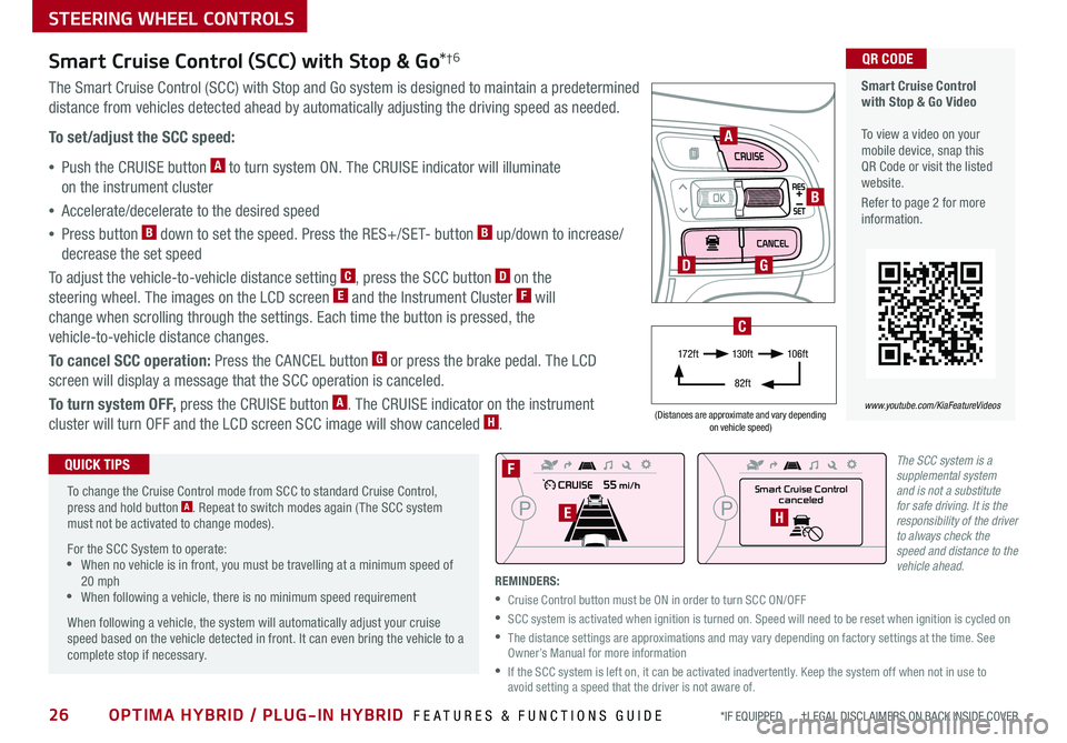 KIA OPTIMA HYBRID 2019 Features and Functions Guide 26OPTIMA HYBRID / PLUG-IN HYBRID FEATURES & FUNCTIONS GUIDE*IF EQUIPPED †LEGAL DISCL AIMERS ON BACK INSIDE COVER
(Distances are approximate and vary depending on vehicle speed)
The SCC syste KIA OPTIMA HYBRID 2019 Features and Functions Guide 26OPTIMA HYBRID / PLUG-IN HYBRID FEATURES & FUNCTIONS GUIDE*IF EQUIPPED †LEGAL DISCL AIMERS ON BACK INSIDE COVER
(Distances are approximate and vary depending on vehicle speed)
The SCC syste