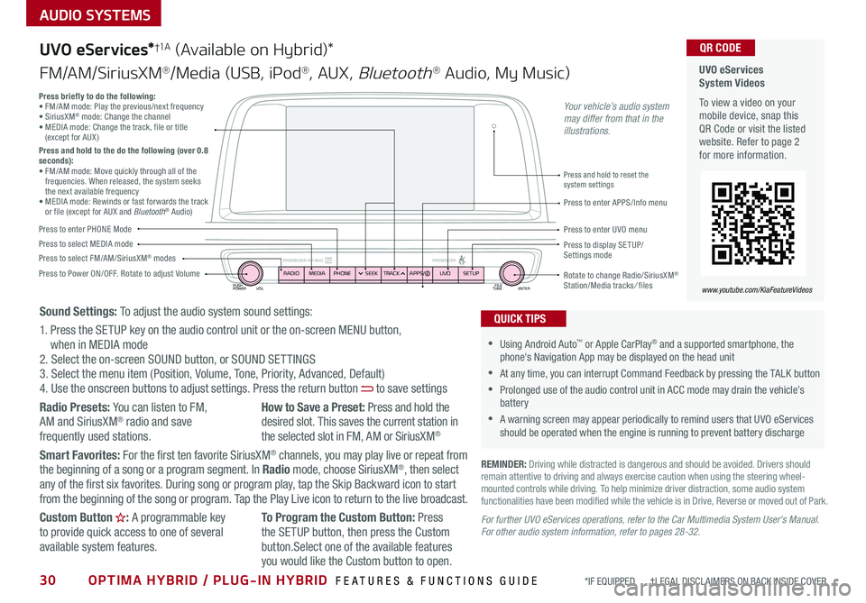 KIA OPTIMA HYBRID 2019  Features and Functions Guide 30OPTIMA HYBRID / PLUG-IN HYBRID  FEATURES & FUNCTIONS GUIDE*IF EQUIPPED       †LEGAL DISCL AIMERS ON BACK INSIDE COVER
AUDIO SYSTEMS
  UVO eServices  System Videos
To view a video on your mobile de