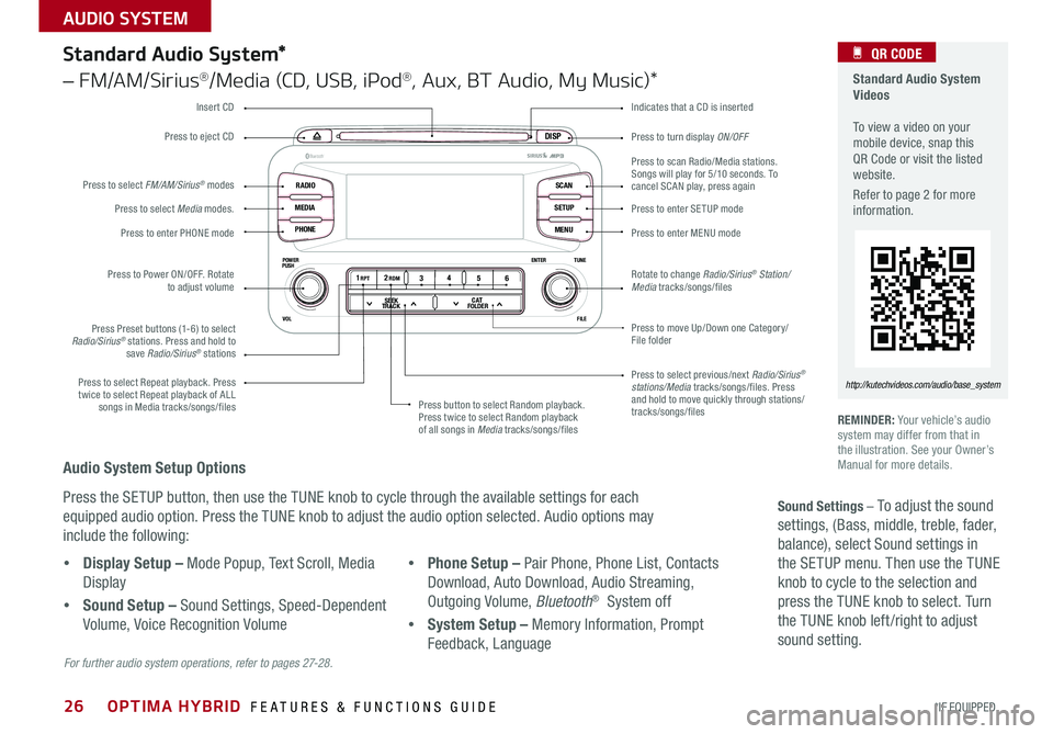 KIA OPTIMA HYBRID 2015 Features and Functions Guide 26
Press to turn display ON/OFF
Indicates that a CD is inserted
Audio System Setup Options
Press the SETUP button, then use the TUNE knob to cycle through the available settings for each
equipped au KIA OPTIMA HYBRID 2015 Features and Functions Guide 26
Press to turn display ON/OFF
Indicates that a CD is inserted
Audio System Setup Options
Press the SETUP button, then use the TUNE knob to cycle through the available settings for each
equipped au