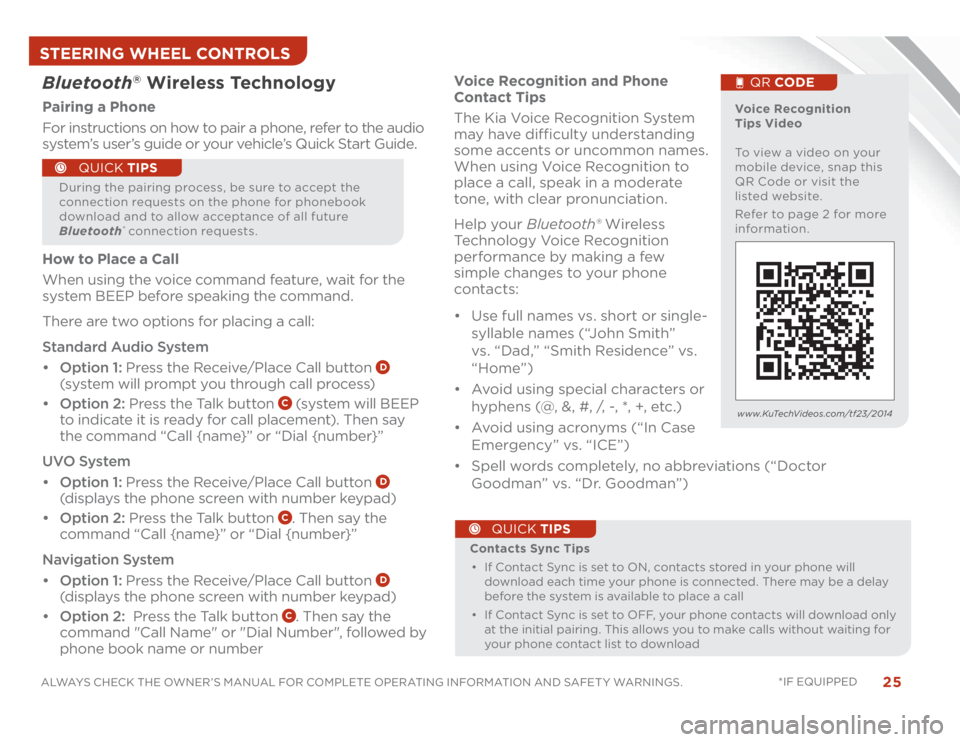 KIA OPTIMA HYBRID 2014  Features and Functions Guide 25
ALWAYS CHECK THE OWNER’S MANUAL FOR COMPLETE OPERATING INFORMATION AND SAFET Y WARNINGS. *IF EQUIPPED 
Voice Recognition and Phone 
Contact Tips
The Kia Voice Recognition System 
may have difficu