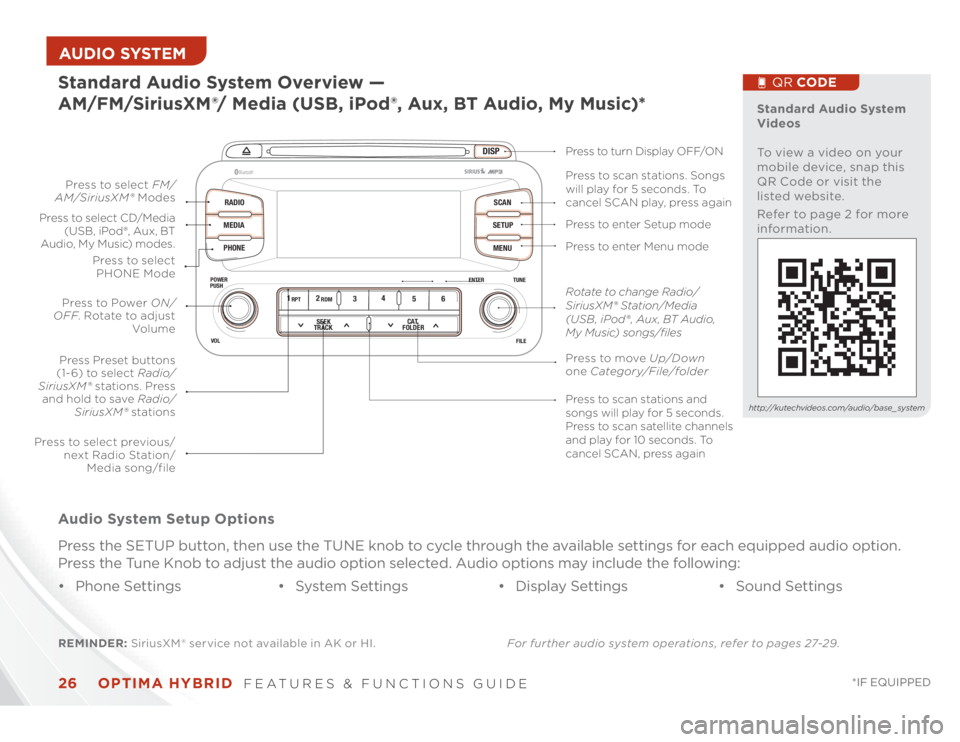 KIA OPTIMA HYBRID 2014 Features and Functions Guide OPTIMA HYBRID
FEATURES & FUNCTIONS GUIDE
26
*IF EQUIPPED
AUDIO SYSTEM
DISP
RADIO
MEDIA
PHONESCAN
SETUP
MENU
ENTER TUNE
FILE POWER
PUSH
VOL
®
12
34
56RPT RDM
SEEK
TRACKCAT
FOLDER
REMINDE KIA OPTIMA HYBRID 2014 Features and Functions Guide OPTIMA HYBRID
FEATURES & FUNCTIONS GUIDE
26
*IF EQUIPPED
AUDIO SYSTEM
DISP
RADIO
MEDIA
PHONESCAN
SETUP
MENU
ENTER TUNE
FILE POWER
PUSH
VOL
®
12
34
56RPT RDM
SEEK
TRACKCAT
FOLDER
REMINDE