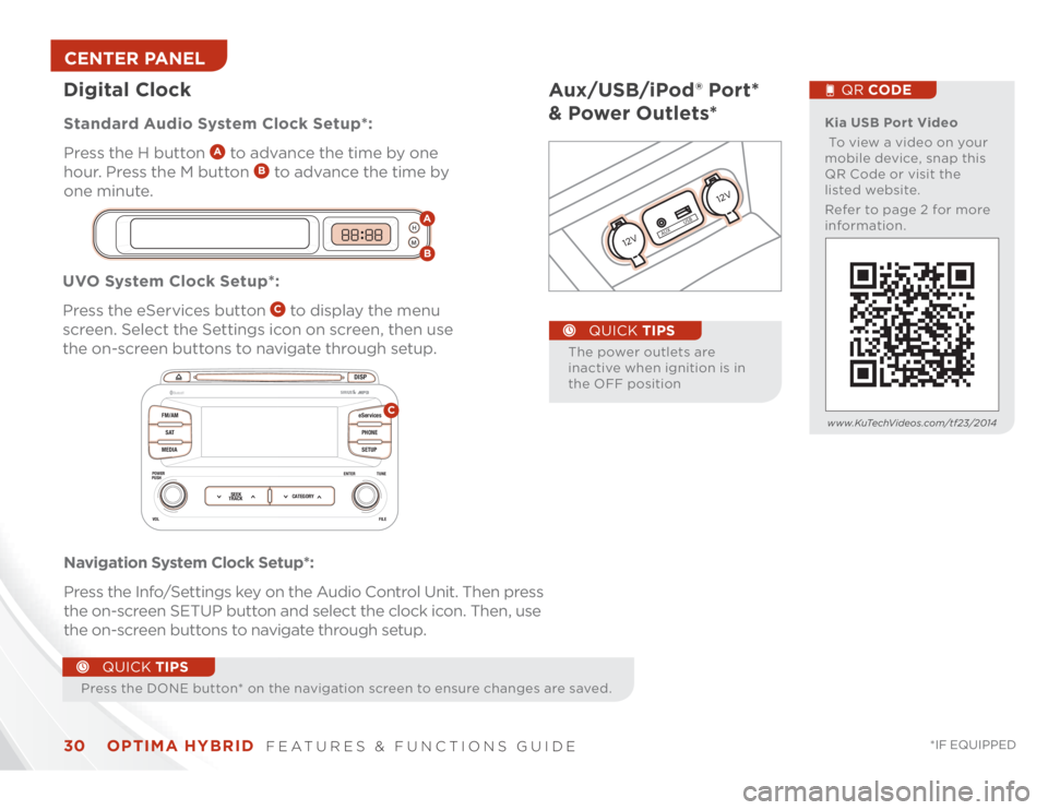 KIA OPTIMA HYBRID 2014  Features and Functions Guide OPTIMA HYBRID  
FEATURES & FUNCTIONS GUIDE
30
*IF EQUIPPED 
Aux/USB/iPod® Port*  
& Power Outlets*
The power outlets are 
inactive when ignition is in  
the OFF position 
QUICK TIPS
Press the DONE bu
