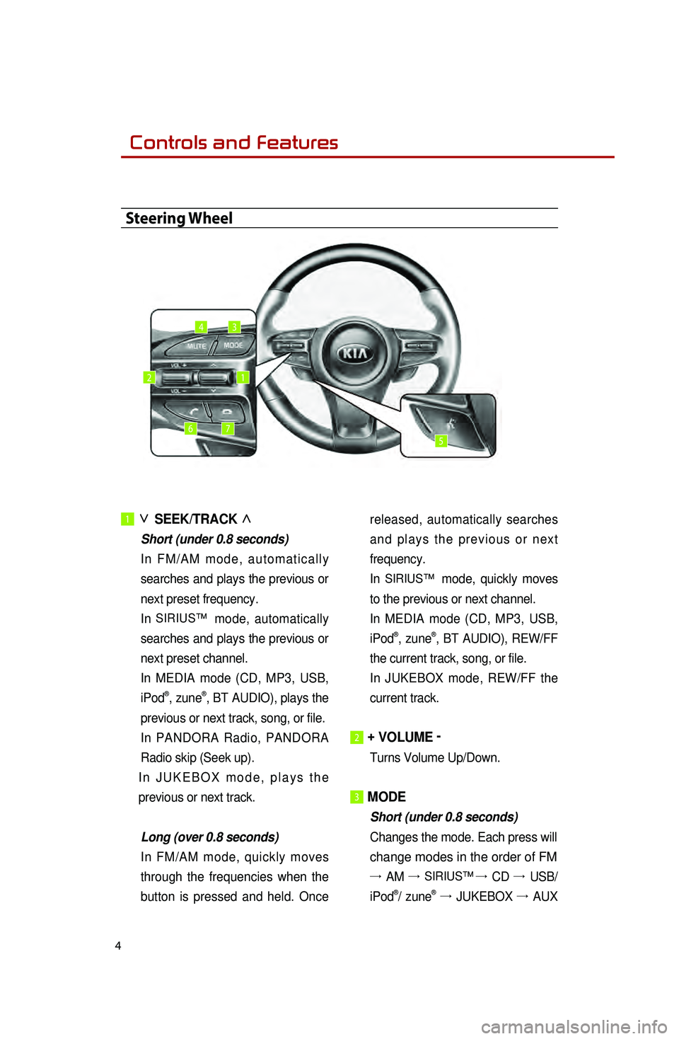 KIA OPTIMA HYBRID 2014 Quick Reference Guide 4
1 ∨
SEEK/TRACK ∧
Short (under 0.8 seconds)
In
FM/AM mode, automatically
searches and plays the previous or
next preset frequency.
In
SIRIUS™ mode, automatically
searches and play KIA OPTIMA HYBRID 2014 Quick Reference Guide 4
1 ∨
SEEK/TRACK ∧
Short (under 0.8 seconds)
In
FM/AM mode, automatically
searches and plays the previous or
next preset frequency.
In
SIRIUS™ mode, automatically
searches and play