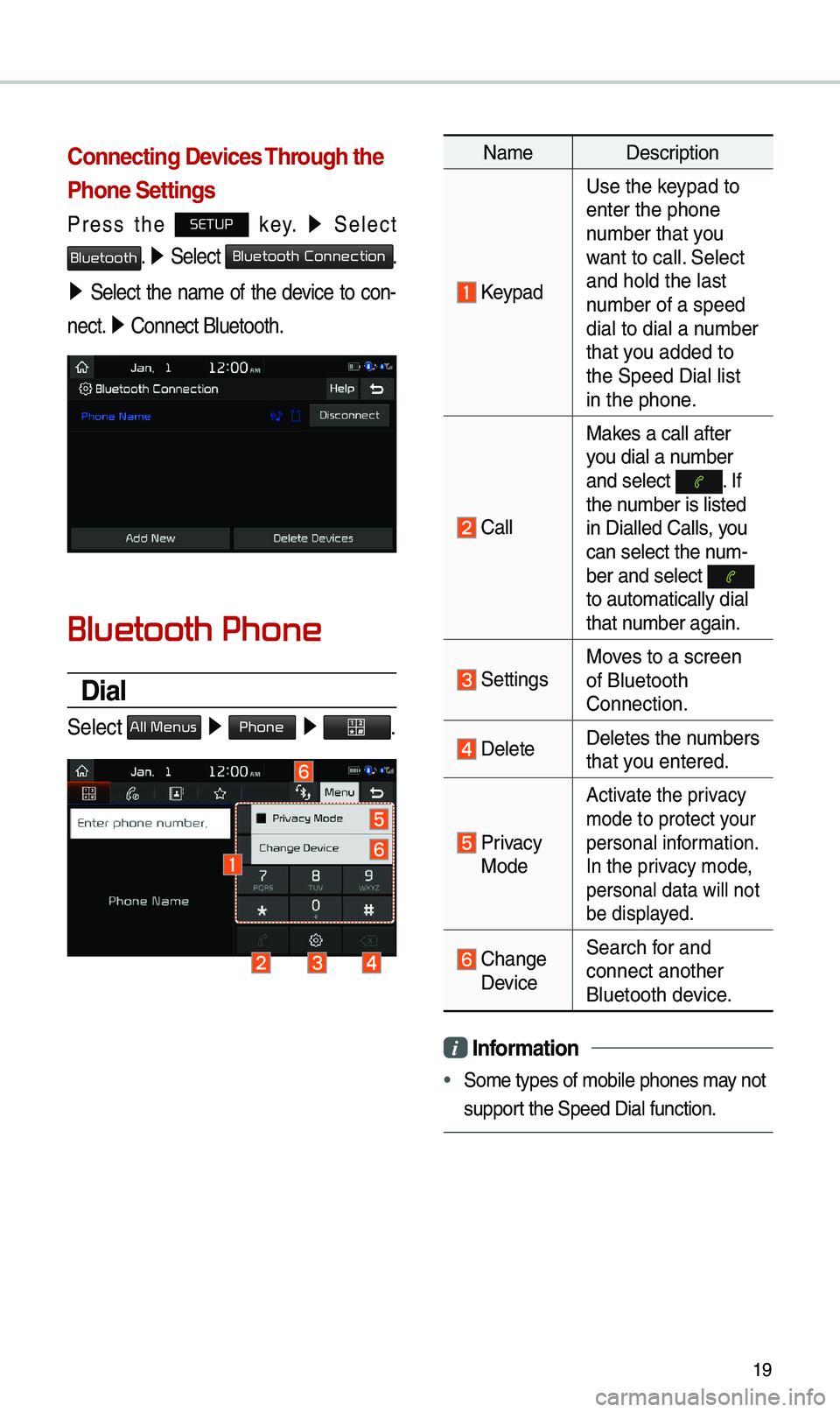 KIA OPTIMA 2020 Quick Reference Guide 19
Connecting Devices Through the
Phone Settings
Press the SETUP key. ▶
Select
Bluetooth. ▶ Select Bluetooth Connection.
▶ Select the na\be of the device to con -
nect. ▶
Conn KIA OPTIMA 2020 Quick Reference Guide 19
Connecting Devices Through the
Phone Settings
Press the SETUP key. ▶
Select
Bluetooth. ▶ Select Bluetooth Connection.
▶ Select the na\be of the device to con -
nect. ▶
Conn
