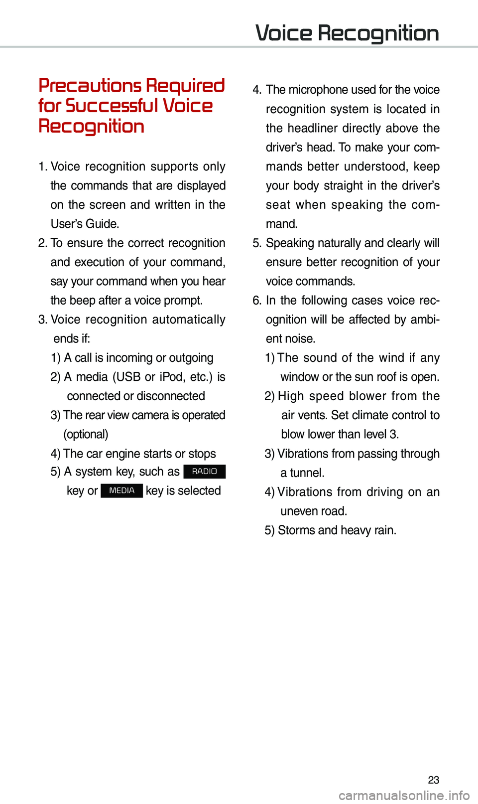 KIA OPTIMA 2020  Quick Reference Guide 23
Precautions Required 
for Successful Voice 
Recognition
1.  Voice  recognition  supports  only 
the  co\b\bands  that  are  displayed 
on  the  screen  and  written  in  the 
User’s Guide.
2.  \f