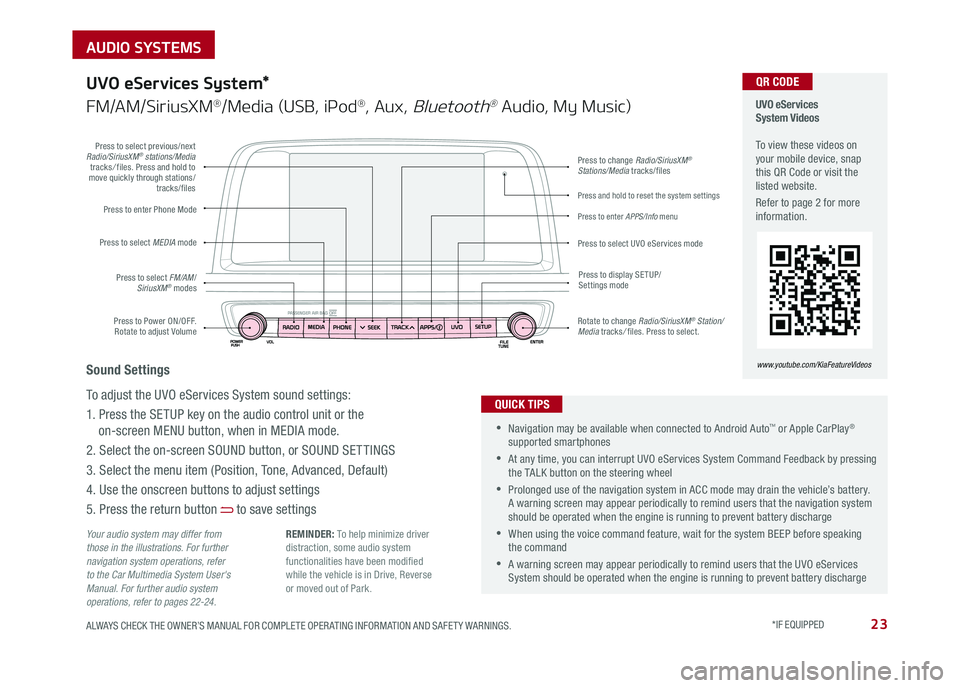 KIA OPTIMA 2018  Features and Functions Guide 23ALWAYS CHECK THE OWNER’S MANUAL FOR COMPLETE OPER ATING INFORMATION AND SAFET Y WARNINGS . *IF EQUIPPED 
AUDIO SYSTEMS
Press to Power ON/OFF  . Rotate to adjust Volume
Press to enter Phone Mode
Pr
