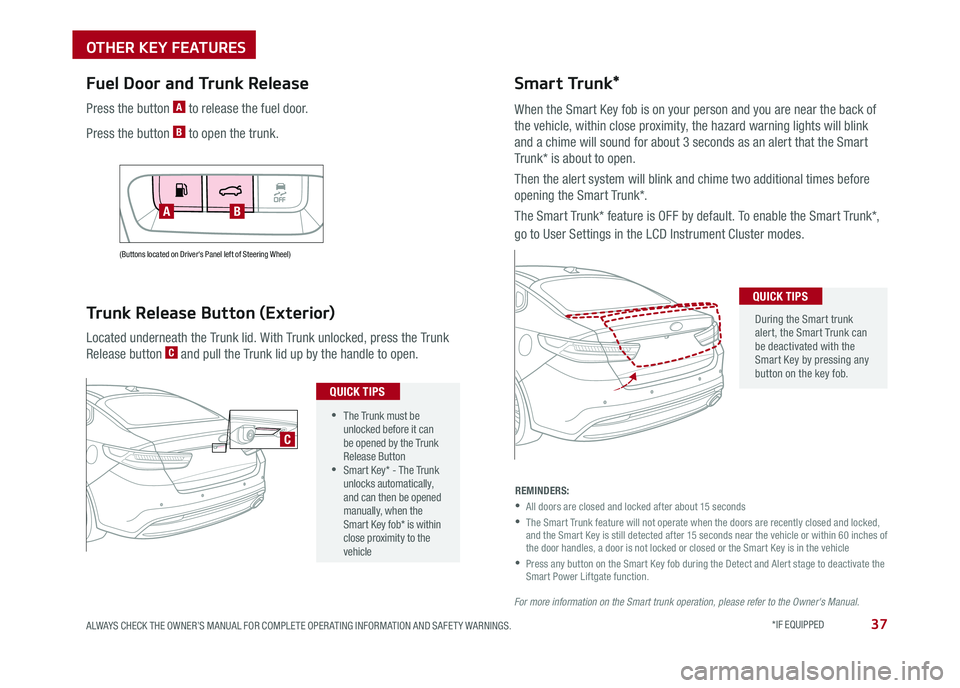 KIA OPTIMA 2018  Features and Functions Guide 37ALWAYS CHECK THE OWNER’S MANUAL FOR COMPLETE OPER ATING INFORMATION AND SAFET Y WARNINGS . *IF EQUIPPED 
(Buttons located on Driver's Panel left of Steering Wheel) 
Fuel Door and Trunk Release