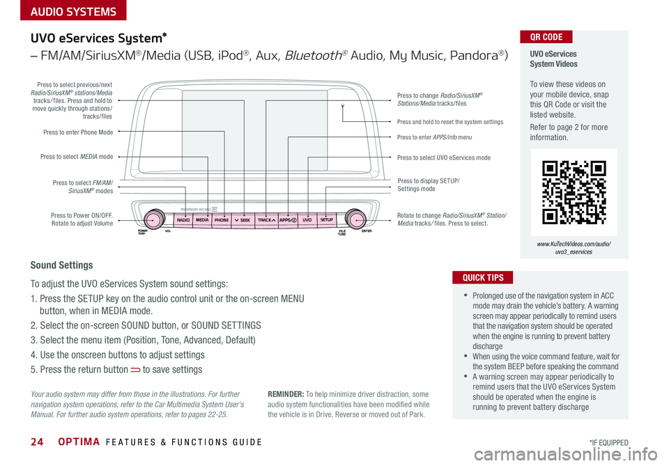 KIA OPTIMA 2017  Features and Functions Guide AUDIO SYSTEMS
OPTIMA  FEATURES & FUNCTIONS GUIDE24*IF EQUIPPED 
Press to Power ON/OFF . Rotate to adjust Volume
Press to enter Phone Mode
Press to select FM/AM/SiriusXM® modes
Press to select MEDIA m