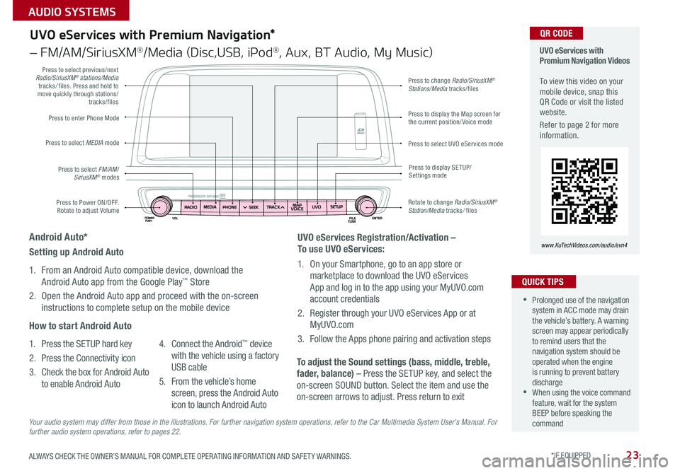 KIA OPTIMA 2016  Features and Functions Guide 23
UVO eServices with Premium Navigation*
– FM/AM/SiriusXM®/Media (Disc,USB, iPod®, Aux, BT Audio, My Music)
Press to Power ON/OFF . Rotate to adjust Volume
Press to enter Phone Mode
Press to sele
