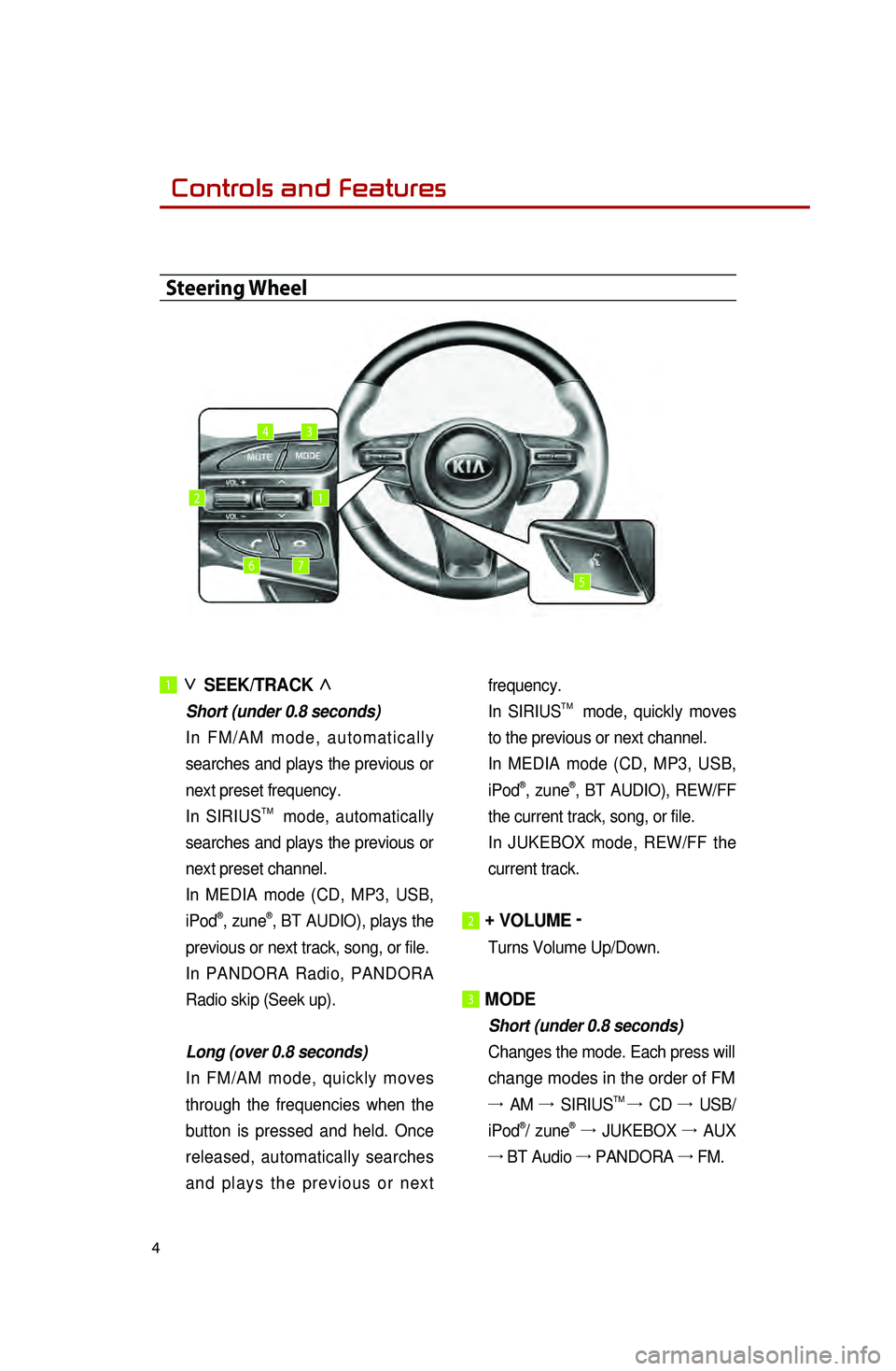 KIA OPTIMA 2015 Quick Reference Guide 4
1 ∨
SEEK/TRACK ∧
Short (under 0.8 seconds)
In
FM/AM mode, automatically
searches and plays the previous or
next preset frequency.
In SIRIUS
TM mode, automatically
searches and play KIA OPTIMA 2015 Quick Reference Guide 4
1 ∨
SEEK/TRACK ∧
Short (under 0.8 seconds)
In
FM/AM mode, automatically
searches and plays the previous or
next preset frequency.
In SIRIUS
TM mode, automatically
searches and play