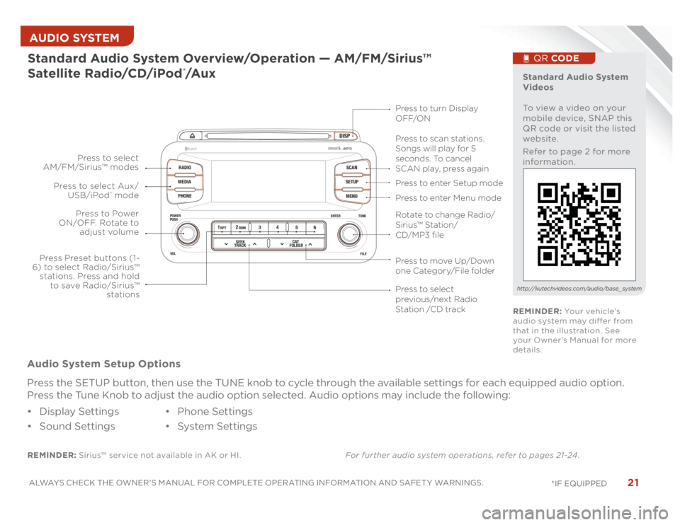 KIA OPTIMA 2014  Features and Functions Guide 21
ALWAYS CHECK THE OWNER’S MANUAL FOR COMPLETE OPERATING INFORMATION AND SAFET Y WARNINGS. 
*IF EQUIPPED AUDIO SYSTEM 
DISP
RADIO
MEDIA
PHONESCAN
SETUP
MENU
ENTER TUNE
FILE POWER
PUSH
VOL
Bluetooth