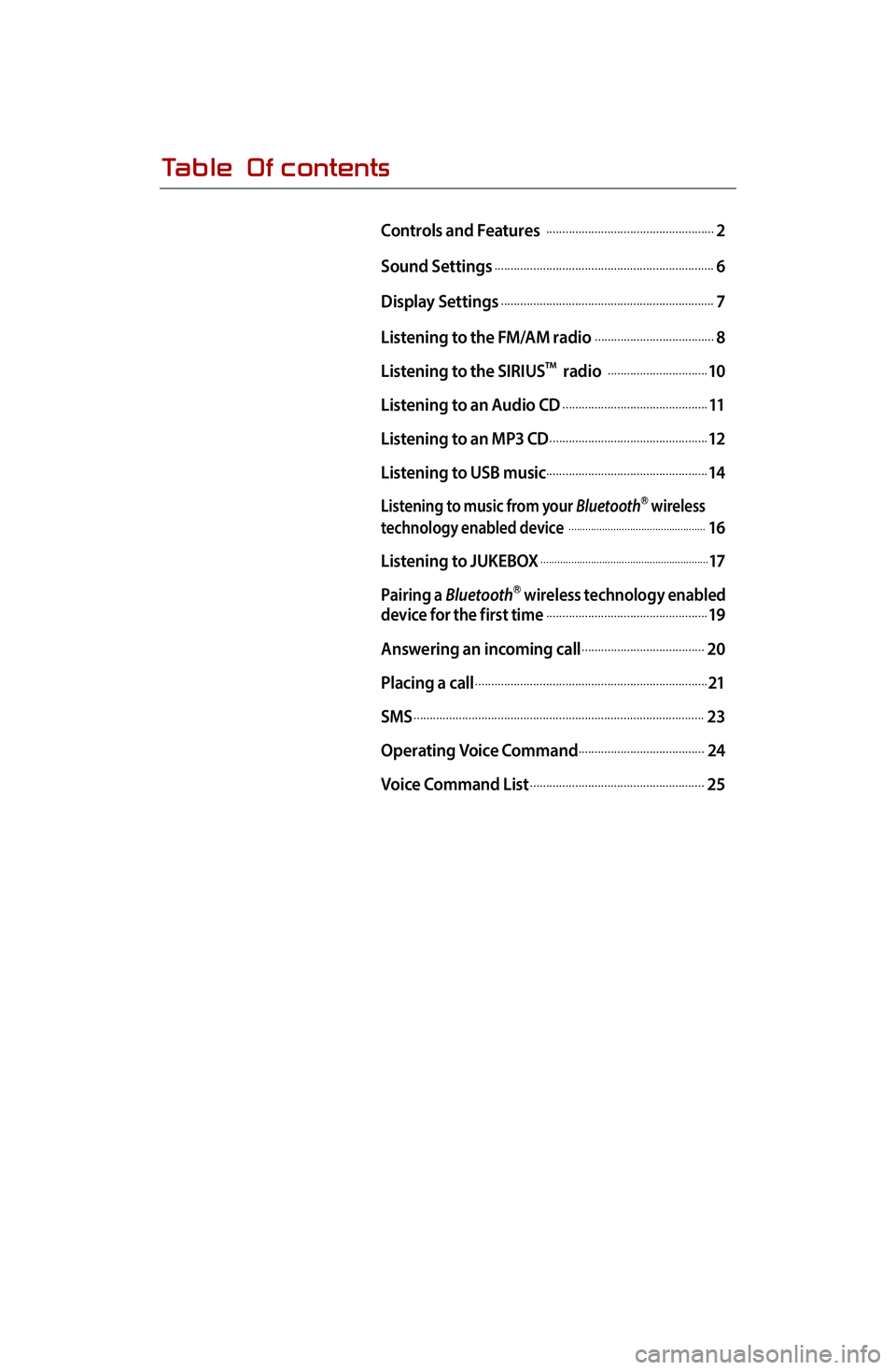 KIA OPTIMA 2014  Quick Reference Guide Table  Of contents
Controls and Features .....................................................2
Sound Settings
.....................................................................6
Display Settings
.