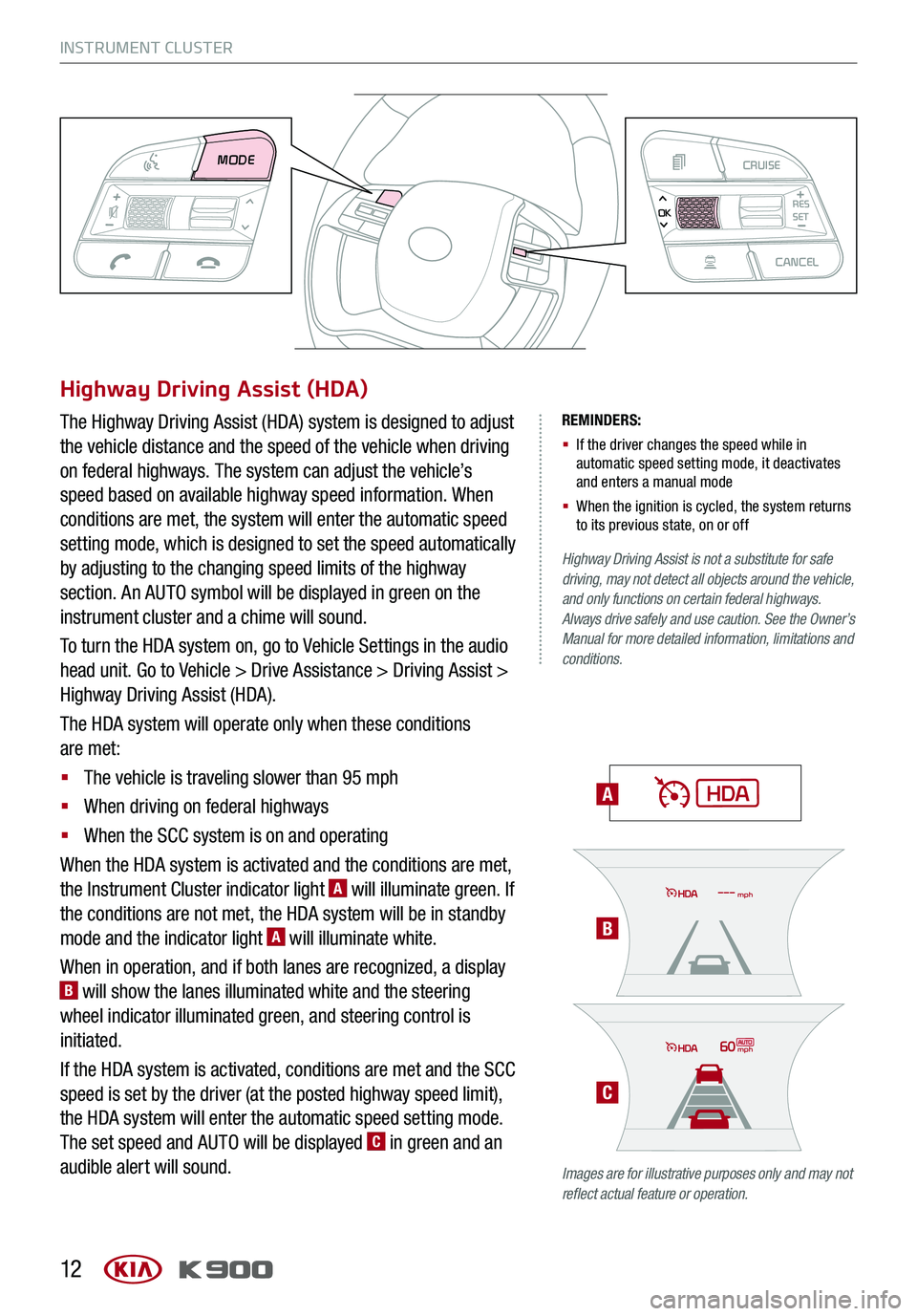KIA K900 2020  Features and Functions Guide INSTRUMENT CLUSTER
12
REMINDERS: 
§   If the driver changes the speed while in automatic speed setting mode, it deactivates and enters a manual mode
§   When the ignition is cycled, the system retur
