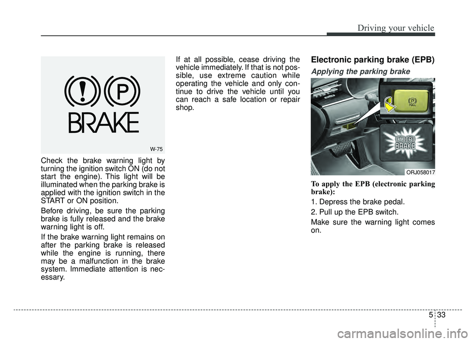 KIA K900 2019  Owners Manual 533
Driving your vehicle
Check the brake warning light by
turning the ignition switch ON (do not
start the engine). This light will be
illuminated when the parking brake is
applied with the ignition s
