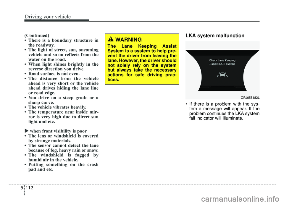 KIA K900 2019  Owners Manual Driving your vehicle
112
5
(Continued)
• There is a boundary structure in
the roadway.
• The light of street, sun, oncoming vehicle and so on reflects from the
water on the road.
• When light sh