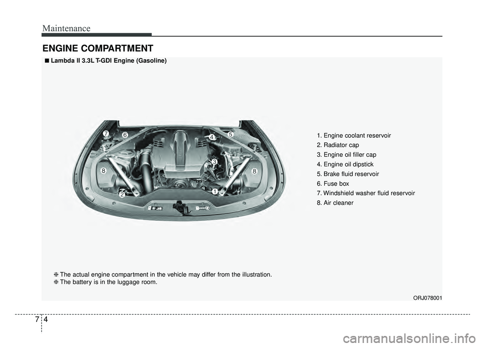 KIA K900 2019  Owners Manual Maintenance
47
ENGINE COMPARTMENT
ORJ078001
■ ■Lambda II 3.3L T-GDI Engine (Gasoline)❈ The actual engine compartment in the vehicle may differ from the illustration.
❈ The battery is in the lu