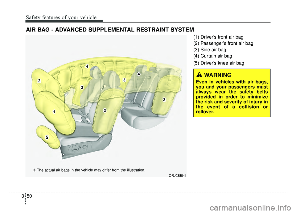 KIA K900 2019  Owners Manual Safety features of your vehicle
50
3
(1) Driver’s front air bag
(2) Passenger’s front air bag
(3) Side air bag
(4) Curtain air bag
(5) Driver’s knee air bag
AIR BAG - ADVANCED SUPPLEMENTAL RESTR