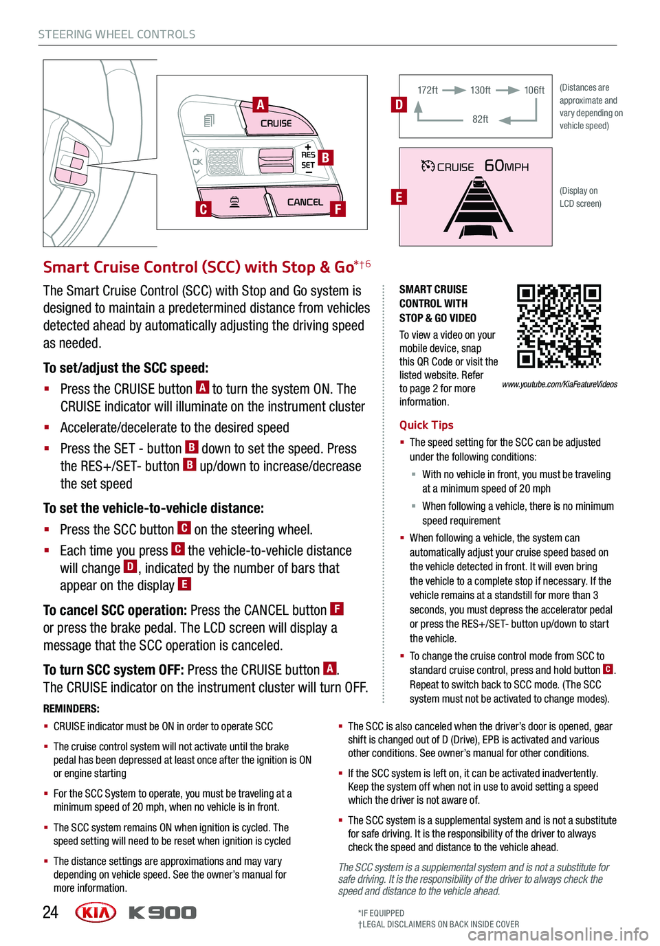 KIA K900 2019  Features and Functions Guide STEERING WHEEL CONTROLS
24
CRUISECANCEL
RES
OKSET
SMART CRUISE CONTROL WITH  STOP & GO VIDEO
To view a video on your mobile device, snap this QR Code or visit the listed website. Refer to page 2 for m