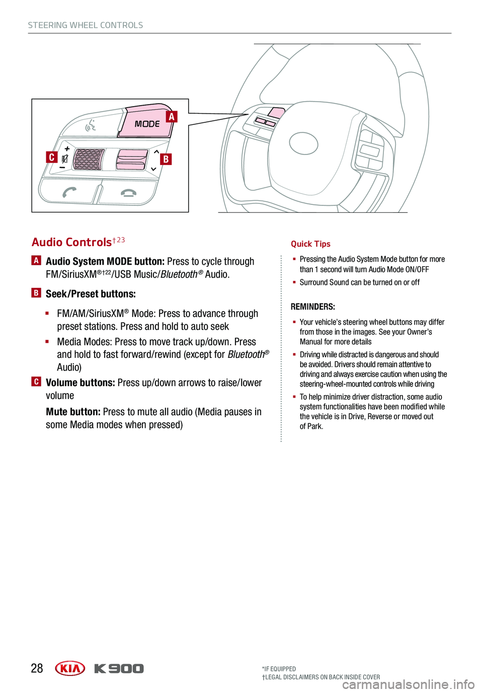 KIA K900 2019  Features and Functions Guide MODE  
C
28
Audio Controls† 23
§ Your vehicle’s steering wheel buttons may differfrom those in the images. See your Owner’s 
Manual for more details
§
 Driving while distracted is dangerous an