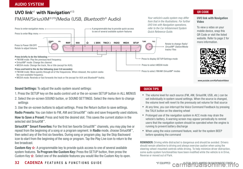 KIA CADENZA 2020  Features and Functions Guide CADENZA  FEATURES & FUNCTIONS GUIDE32*IF EQUIPPED                     †LEGAL DISCL AIMERS ON BACK INSIDE COVER
NAVMAP< SEEKTRACK >VOLPOWERPUSHRADIO MEDIA SETUPFILE
TUNE
  UVO link with Navigation Vi