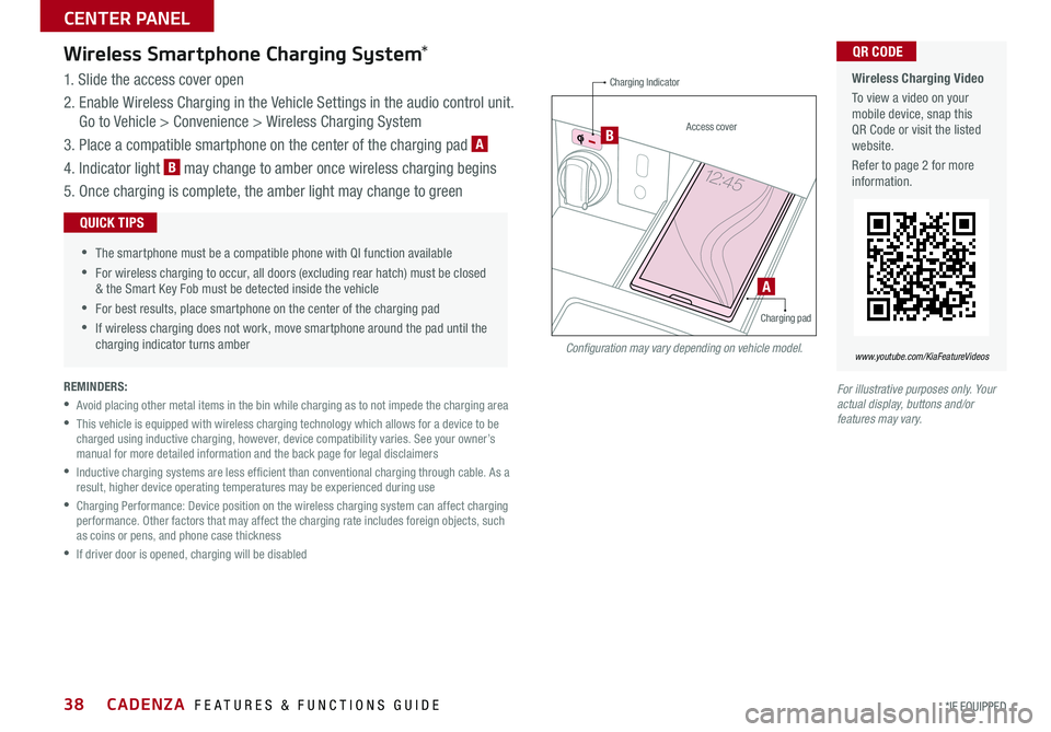 KIA CADENZA 2020  Features and Functions Guide CADENZA  FEATURES & FUNCTIONS GUIDE38*IF EQUIPPED
Wireless Smartphone Charging System* 
1  Slide the access cover open
2    Enable Wireless Charging in the Vehicle Settings in the audio control unit  