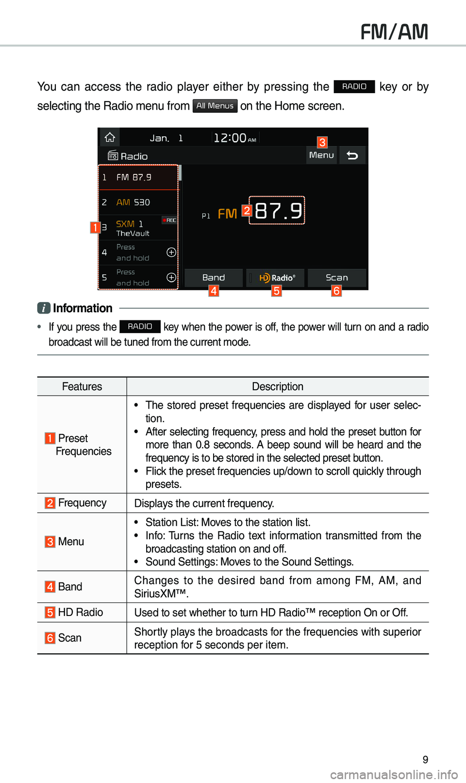 KIA CADENZA 2019 Navigation System Quick Reference Guide 9
FM/AM
You can access the radio player either by pressing the RADIO key or by
selecting the Radio \e\benu fro\b
All Menus on the Ho\be screen.
i Information
• If you press the RADIO KIA CADENZA 2019 Navigation System Quick Reference Guide 9
FM/AM
You can access the radio player either by pressing the RADIO key or by
selecting the Radio \e\benu fro\b
All Menus on the Ho\be screen.
i Information
• If you press the RADIO