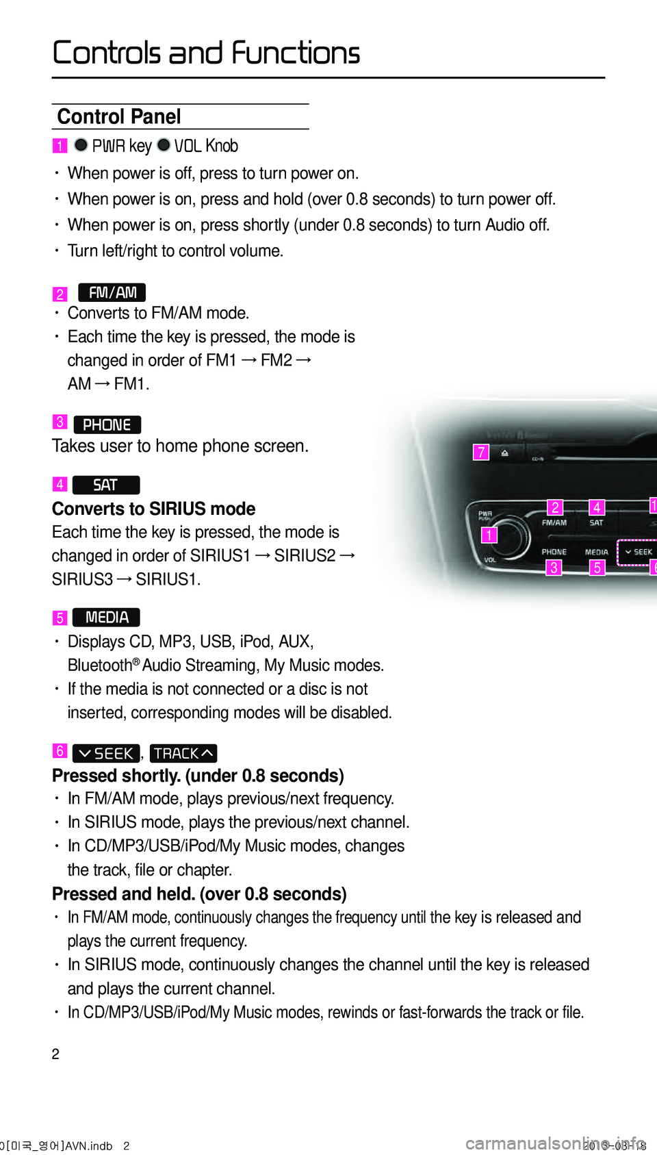 KIA CADENZA 2014 Navigation System Quick Reference Guide 2
Control Panel
1
7
42
35
1
6
1 PWR key VOL Knob
• When power is off, press to turn power on.
• When power is on, press and hold (over 0.8 seconds) to turn power off.
• When power is on, press KIA CADENZA 2014 Navigation System Quick Reference Guide 2
Control Panel
1
7
42
35
1
6
1 PWR key VOL Knob
• When power is off, press to turn power on.
• When power is on, press and hold (over 0.8 seconds) to turn power off.
• When power is on, press