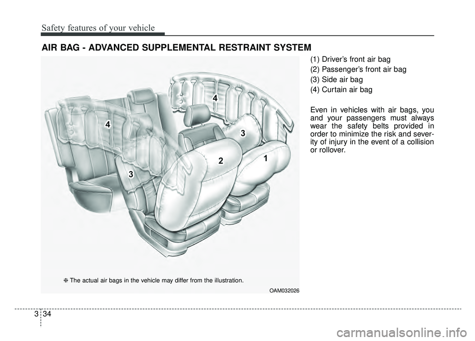KIA SOUL EV 2019  Owners Manual Safety features of your vehicle
34
3
(1) Driver’s front air bag
(2) Passenger’s front air bag
(3) Side air bag
(4) Curtain air bag
Even in vehicles with air bags, you
and your passengers must alwa