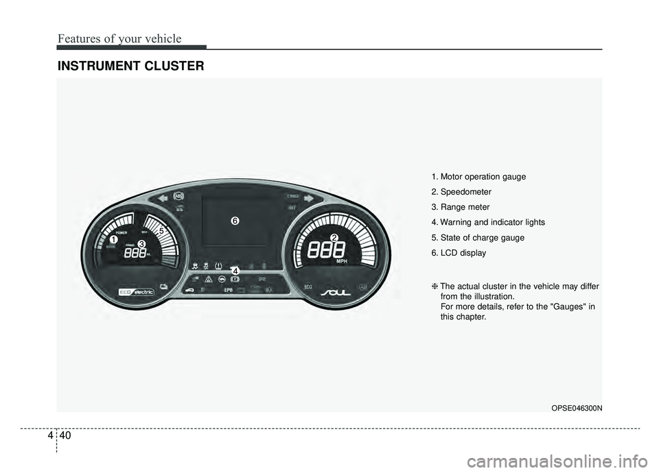 KIA SOUL EV 2019  Owners Manual Features of your vehicle
40
4
INSTRUMENT CLUSTER
1. Motor operation gauge
2. Speedometer
3. Range meter
4. Warning and indicator lights
5. State of charge gauge
6. LCD display
OPSE046300N
❈ The actu