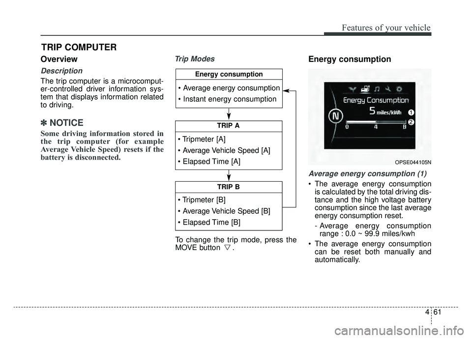 KIA SOUL EV 2019  Owners Manual 461
Features of your vehicle
Overview
Description
The trip computer is a microcomput-
er-controlled driver information sys-
tem that displays information related
to driving.
✽ ✽NOTICE
Some driving