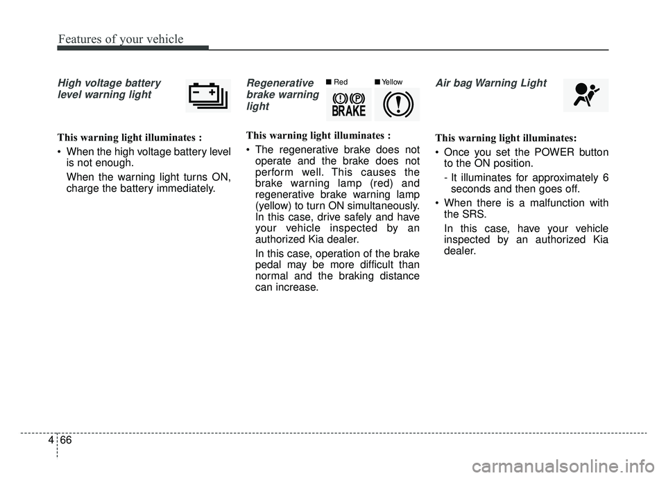 KIA SOUL EV 2019  Owners Manual Features of your vehicle
66
4
High voltage battery
level warning light
This warning light illuminates :
 When the high voltage battery level is not enough.
When the warning light turns ON,
charge the 