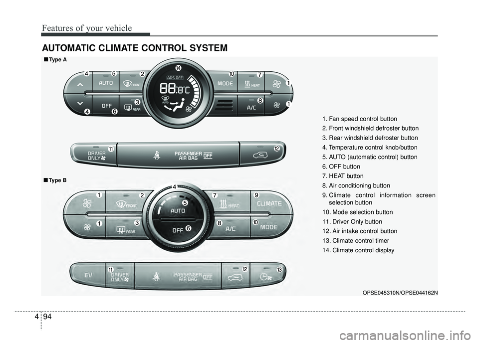 KIA SOUL EV 2019  Owners Manual Features of your vehicle
94
4
AUTOMATIC CLIMATE CONTROL SYSTEM
OPSE045310N/OPSE044162N
1. Fan speed control button
2. Front windshield defroster button
3. Rear windshield defroster button
4. Temperatu