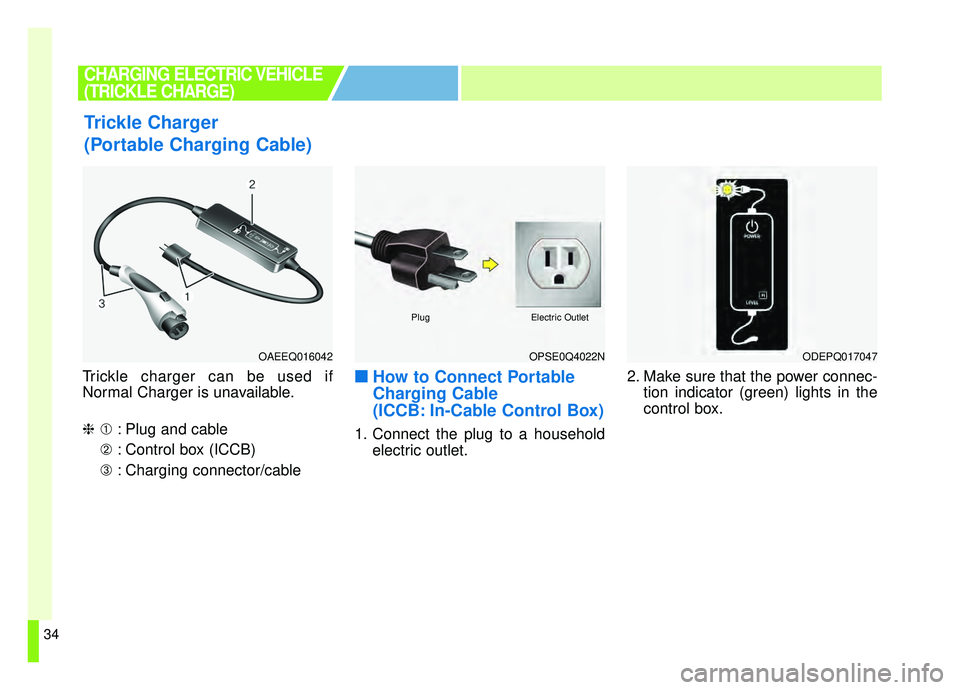 KIA SOUL EV 2019  Owners Manual 34
Trickle charger can be used if
Normal Charger is unavailable.
❈➀: Plug and cable
➁ : Control box (ICCB)
➂ : Charging connector/cable■ ■
How to Connect Portable
Charging Cable
(ICCB: In-