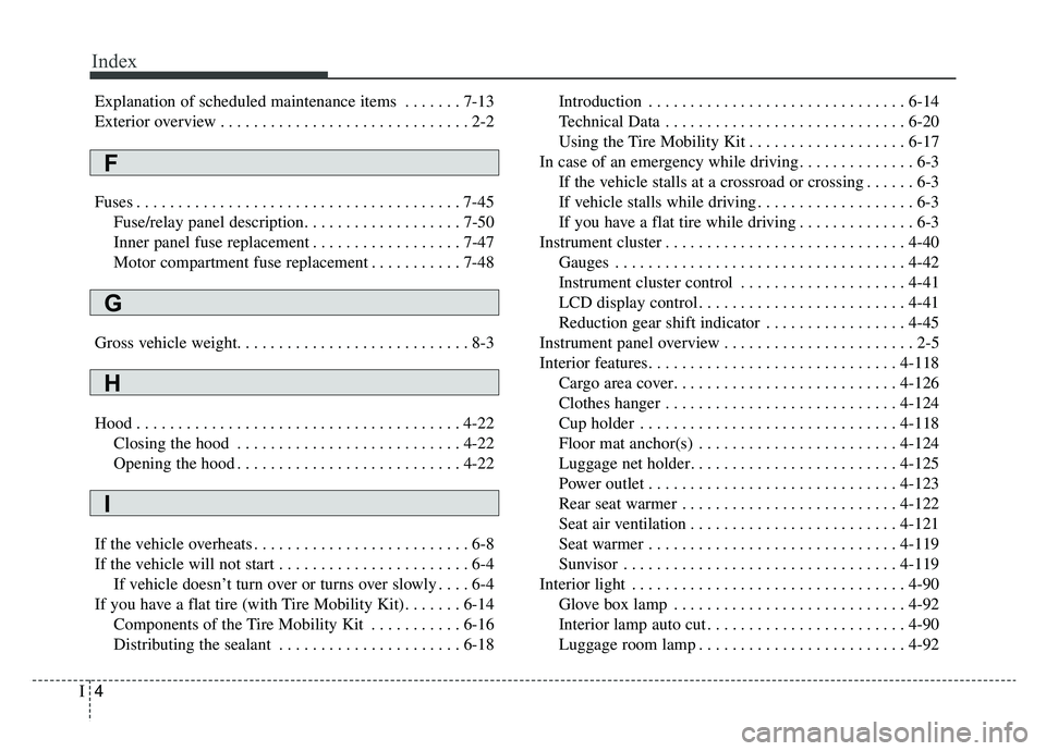 KIA SOUL EV 2019 Owners Manual Index
4I
Explanation of scheduled maintenance items . . . . . . . 7-13
Exterior overview . . . . . . . . . . . . . . . . . . . . . . . . . . . . . . 2-2
Fuses . . . . . . . . . . . . . . . . . . . . . KIA SOUL EV 2019 Owners Manual Index
4I
Explanation of scheduled maintenance items . . . . . . . 7-13
Exterior overview . . . . . . . . . . . . . . . . . . . . . . . . . . . . . . 2-2
Fuses . . . . . . . . . . . . . . . . . . . . .