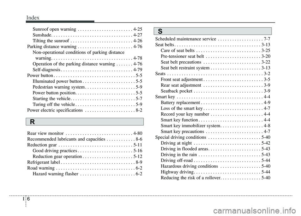 KIA SOUL EV 2019 Owners Manual Index
6I
Sunroof open warning . . . . . . . . . . . . . . . . . . . . . . . 4-25
Sunshade. . . . . . . . . . . . . . . . . . . . . . . . . . . . . . . . . . 4-27\
Tilting the sunroof . . . . . . . . KIA SOUL EV 2019 Owners Manual Index
6I
Sunroof open warning . . . . . . . . . . . . . . . . . . . . . . . 4-25
Sunshade. . . . . . . . . . . . . . . . . . . . . . . . . . . . . . . . . . 4-27\
Tilting the sunroof . . . . . . . .