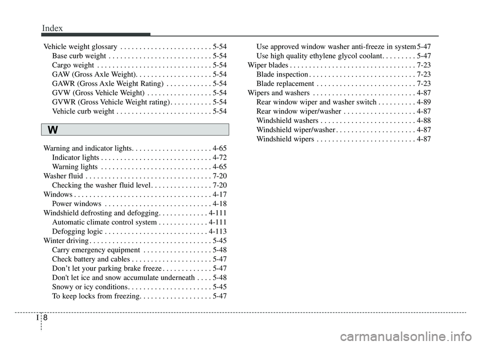 KIA SOUL EV 2019 Owners Manual Index
8I
Vehicle weight glossary . . . . . . . . . . . . . . . . . . . . . . . . 5-54Base curb weight . . . . . . . . . . . . . . . . . . . . . . . . . . . 5-54
Cargo weight . . . . . . . . . . . . . KIA SOUL EV 2019 Owners Manual Index
8I
Vehicle weight glossary . . . . . . . . . . . . . . . . . . . . . . . . 5-54Base curb weight . . . . . . . . . . . . . . . . . . . . . . . . . . . 5-54
Cargo weight . . . . . . . . . . . . .