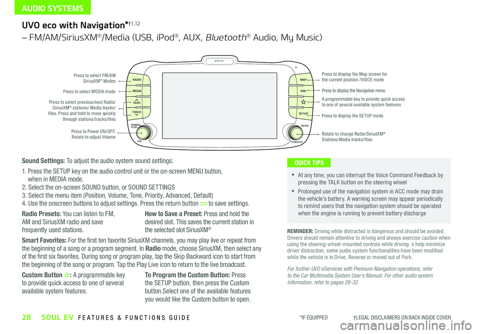 KIA SOUL EV 2019 Features and Functions Guide AUDIO SYSTEMS
28SOUL EV FEATURES & FUNCTIONS GUIDE*IF EQUIPPED †LEGAL DISCL AIMERS ON BACK INSIDE COVER
MAP
SEEK
TRACK
RADIO
MEDIA
SETUP
MAP NA V
POWER
VOLENTER
TUNE/FILE
PUSHP KIA SOUL EV 2019 Features and Functions Guide AUDIO SYSTEMS
28SOUL EV FEATURES & FUNCTIONS GUIDE*IF EQUIPPED †LEGAL DISCL AIMERS ON BACK INSIDE COVER
MAP
SEEK
TRACK
RADIO
MEDIA
SETUP
MAP NA V
POWER
VOLENTER
TUNE/FILE
PUSHP