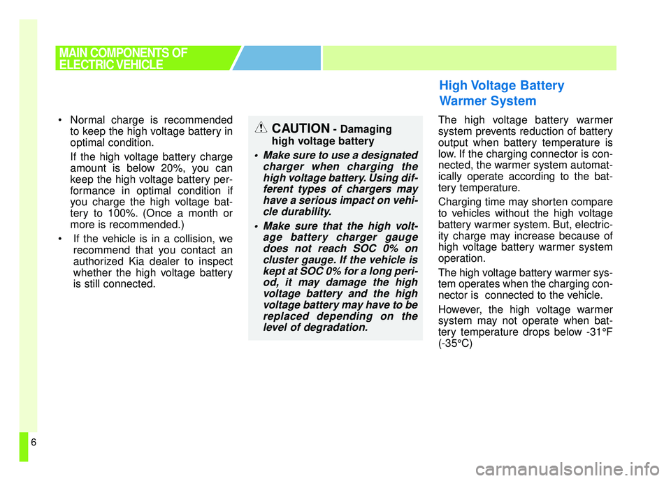 KIA SOUL EV 2018 Owners Manual 6
Normal charge is recommendedto keep the high voltage battery in
optimal condition.
If the high voltage battery charge
amount is below 20%, you can
keep the high voltage battery per-
formance in opt KIA SOUL EV 2018 Owners Manual 6
Normal charge is recommendedto keep the high voltage battery in
optimal condition.
If the high voltage battery charge
amount is below 20%, you can
keep the high voltage battery per-
formance in opt