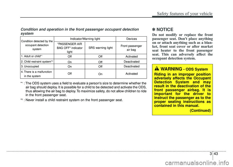 KIA SOUL EV 2018 Owners Manual 343
Safety features of your vehicle
✽
✽NOTICE
Do not modify or replace the front
passenger seat. Don't place anything
on or attach anything such as a blan-
ket, front seat cover or after marke KIA SOUL EV 2018 Owners Manual 343
Safety features of your vehicle
✽
✽NOTICE
Do not modify or replace the front
passenger seat. Don't place anything
on or attach anything such as a blan-
ket, front seat cover or after marke