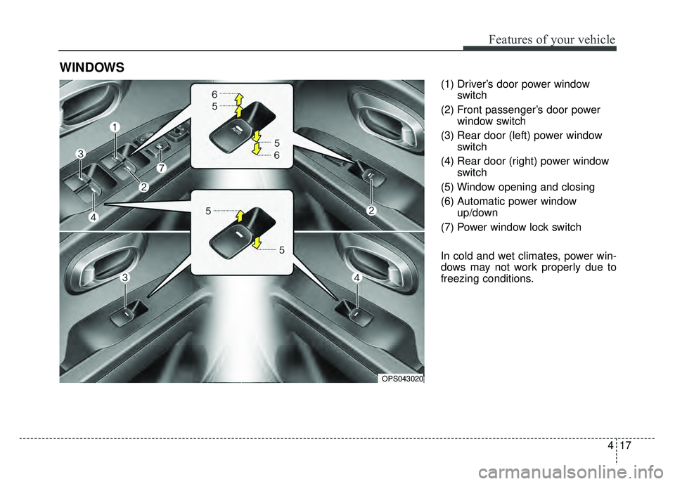 KIA SOUL EV 2018  Owners Manual 417
Features of your vehicle
(1) Driver’s door power windowswitch
(2) Front passenger’s door power window switch
(3) Rear door (left) power window switch
(4) Rear door (right) power window switch
