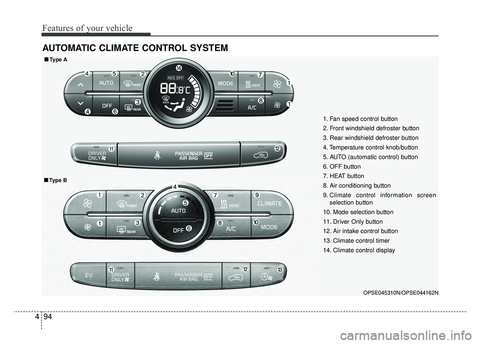 KIA SOUL EV 2018  Owners Manual Features of your vehicle
94
4
AUTOMATIC CLIMATE CONTROL SYSTEM
OPSE045310N/OPSE044162N
1. Fan speed control button
2. Front windshield defroster button
3. Rear windshield defroster button
4. Temperatu