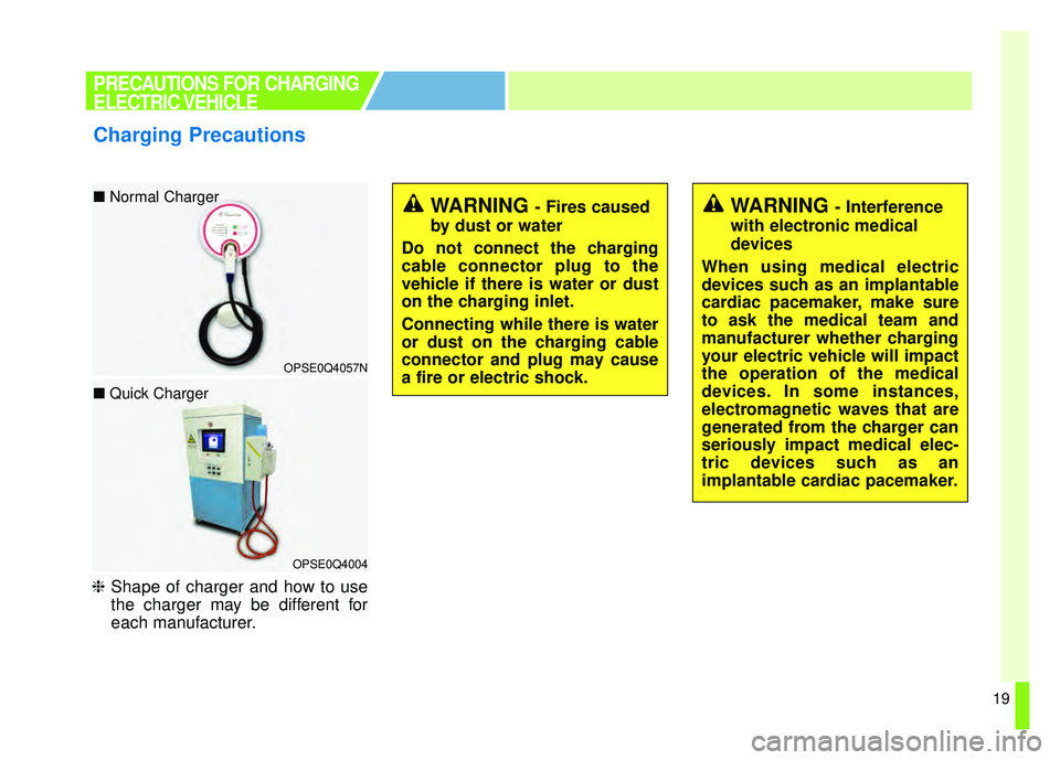 KIA SOUL EV 2018  Owners Manual 19
❈Shape of charger and how to use
the charger may be different for
each manufacturer.
PRECAUTIONS FOR CHARGING
ELECTRIC VEHICLE
Charging Precautions
OPSE0Q4057N
■ Normal Charger
OPSE0Q4004
■  