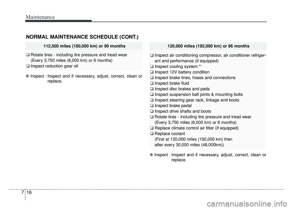 KIA SOUL EV 2018 Owners Manual Maintenance
16
7
NORMAL MAINTENANCE SCHEDULE (CONT.)
❈ Inspect : Inspect and if necessary, adjust, correct, clean or
replace.
112,500 miles (180,000 km) or 90 months
❑Rotate tires - including tire KIA SOUL EV 2018 Owners Manual Maintenance
16
7
NORMAL MAINTENANCE SCHEDULE (CONT.)
❈ Inspect : Inspect and if necessary, adjust, correct, clean or
replace.
112,500 miles (180,000 km) or 90 months
❑Rotate tires - including tire