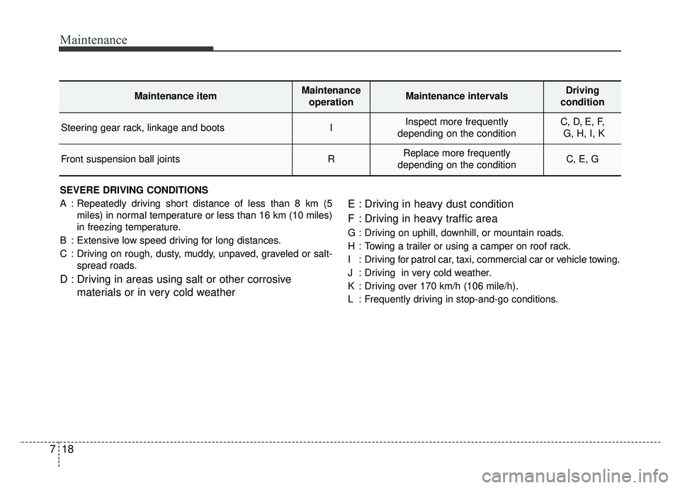 KIA SOUL EV 2018 Owners Manual Maintenance
18
7
SEVERE DRIVING CONDITIONS
A : Repeatedly driving short distance of less than 8 km (5
miles) in normal temperature or less than 16 km (10 miles)
in freezing temperature.
B : Extensive KIA SOUL EV 2018 Owners Manual Maintenance
18
7
SEVERE DRIVING CONDITIONS
A : Repeatedly driving short distance of less than 8 km (5
miles) in normal temperature or less than 16 km (10 miles)
in freezing temperature.
B : Extensive