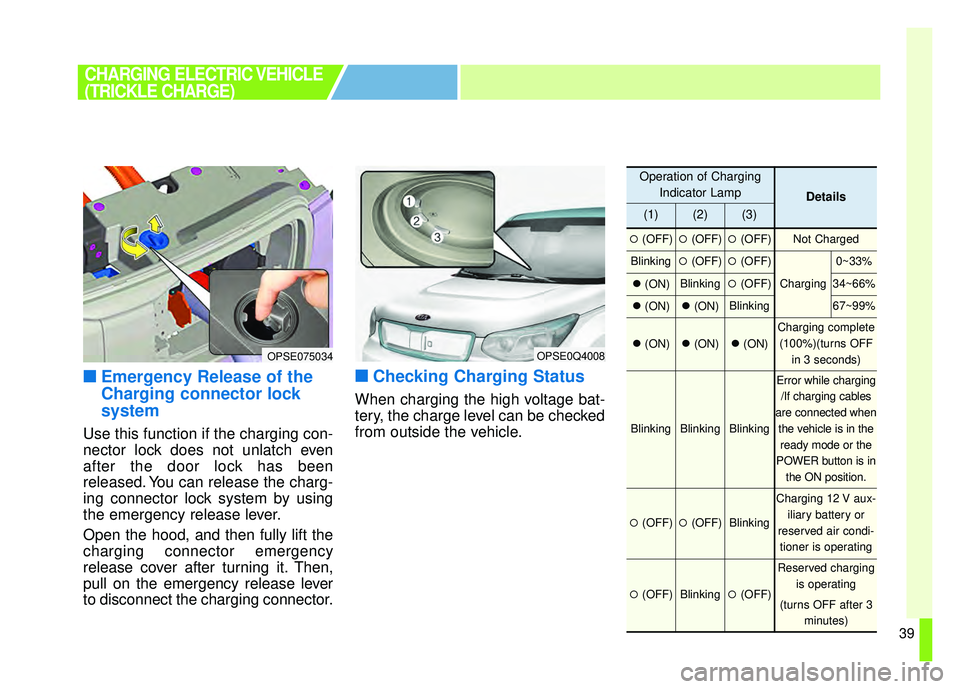 KIA SOUL EV 2018 Owners Manual 39
■
■Emergency Release of the
Charging connector lock
system
Use this function if the charging con-
nector lock does not unlatch even
after the door lock has been
released. You can release the ch KIA SOUL EV 2018 Owners Manual 39
■
■Emergency Release of the
Charging connector lock
system
Use this function if the charging con-
nector lock does not unlatch even
after the door lock has been
released. You can release the ch
