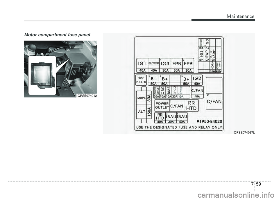 KIA SOUL EV 2018  Owners Manual 759
Maintenance
Motor compartment fuse panel
OPSE074012
OPSE074027L 